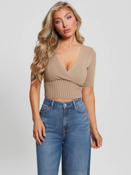 GUESS top suave con cuello en V mujer 0P8X938 arena mojada vestir