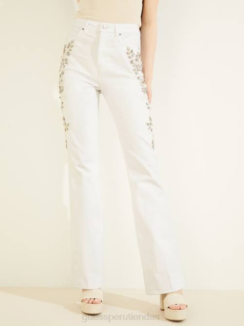 GUESS jeans acampanados con adornos pop de los 70 mujer 0P8X148 blanco dorado vestir