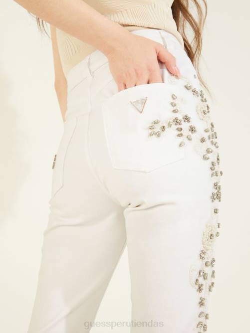 GUESS jeans acampanados con adornos pop de los 70 mujer 0P8X148 blanco dorado vestir