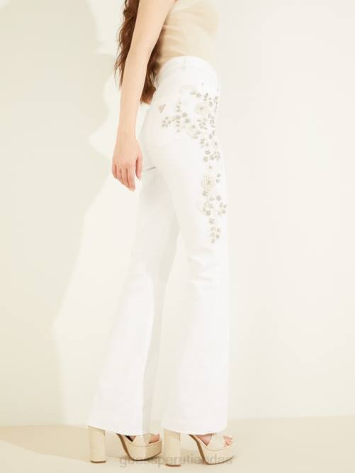 GUESS jeans acampanados con adornos pop de los 70 mujer 0P8X148 blanco dorado vestir