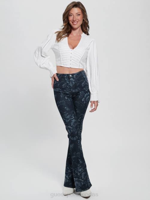 GUESS jeans acampanados eco adeline florales de tiro alto mujer 0P8X127 impresión láser de flores silvestres vestir
