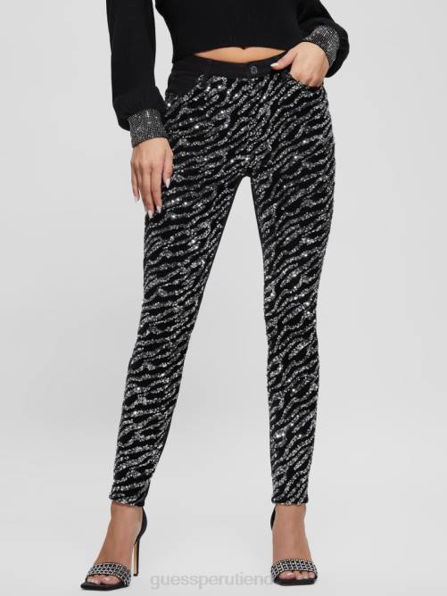 GUESS jeans ajustados con lentejuelas y tigre 1981 mujer 0P8X220 tigre de plata glamorosa vestir