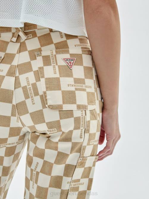 GUESS jeans carpinteros a cuadros originales mujer 0P8X227 beige pálido desnudo vestir