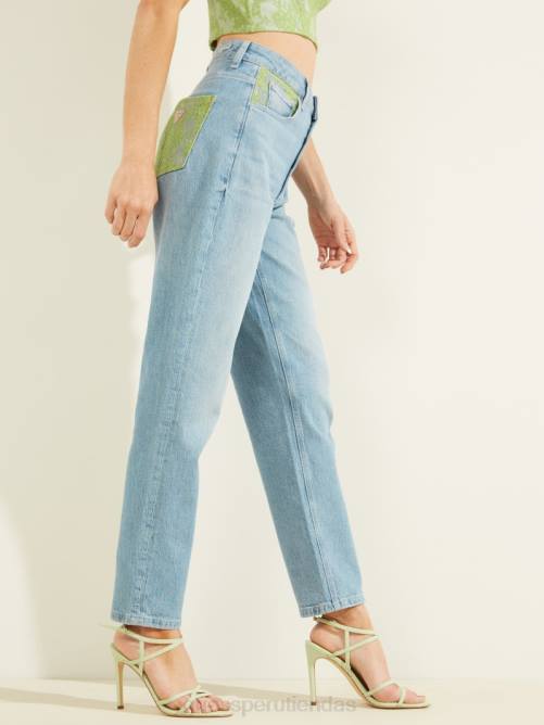 GUESS jeans mom con encaje y botones expuestos mujer 0P8X214 lavado de encaje verde vestir