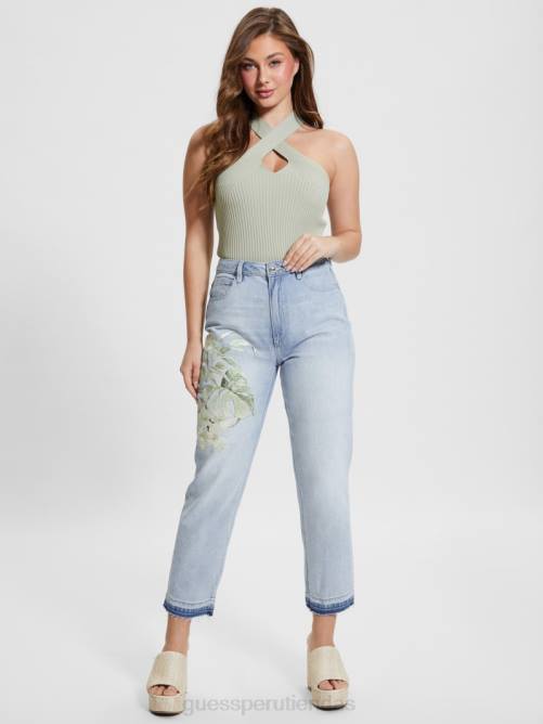 GUESS jeans mom de mezclilla con ilustraciones de satén ecológico mujer 0P8X18 flor del atardecer vestir