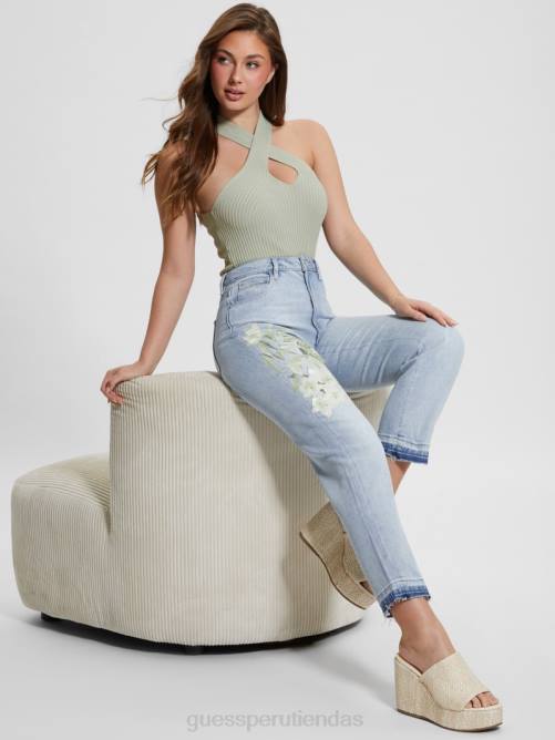 GUESS jeans mom de mezclilla con ilustraciones de satén ecológico mujer 0P8X18 flor del atardecer vestir