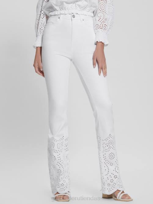 GUESS pantalones acampanados bordados mujer 0P8X98 blanco puro vestir