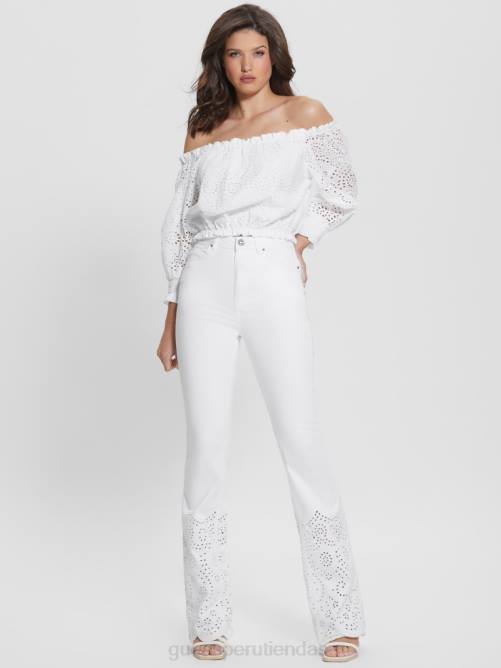 GUESS pantalones acampanados bordados mujer 0P8X98 blanco puro vestir