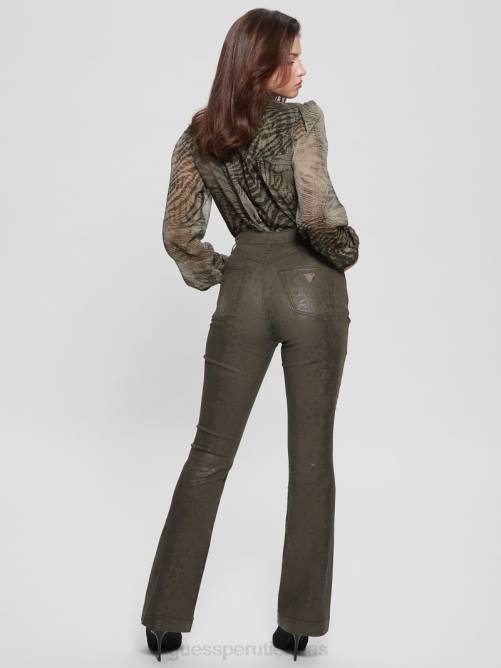GUESS pantalones acampanados de piel de serpiente pop de los 70 mujer 0P8X95 serpiente verde oscuro vestir