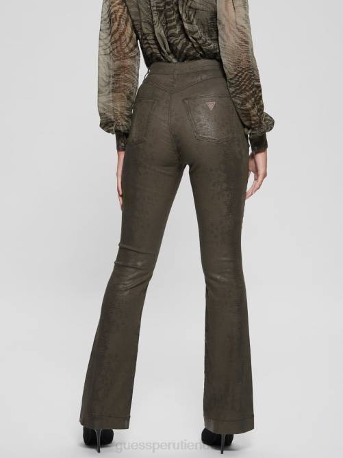 GUESS pantalones acampanados de piel de serpiente pop de los 70 mujer 0P8X95 serpiente verde oscuro vestir