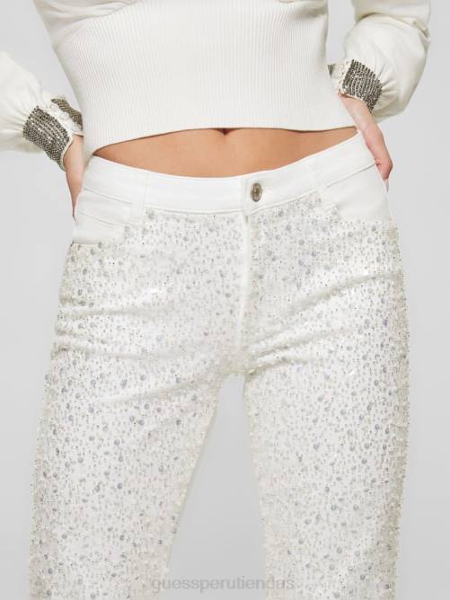 GUESS pantalones rectos sexys con lentejuelas mujer 0P8X273 blanco puro multi vestir