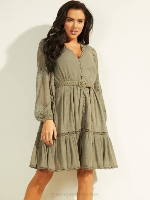 GUESS vestido arita de gasa con cinturón mujer 0P8X917 liquen hoja verde multi vestir