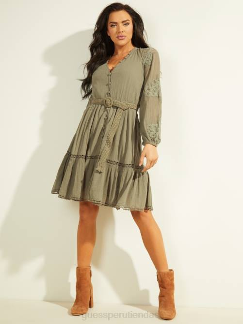 GUESS vestido arita de gasa con cinturón mujer 0P8X917 liquen hoja verde multi vestir