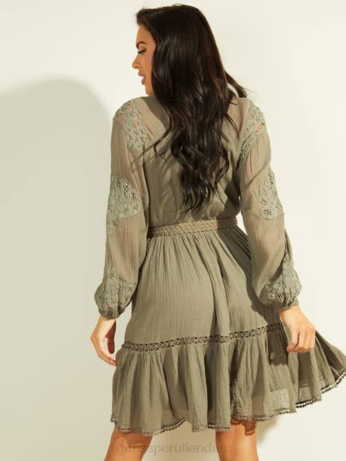 GUESS vestido arita de gasa con cinturón mujer 0P8X917 liquen hoja verde multi vestir