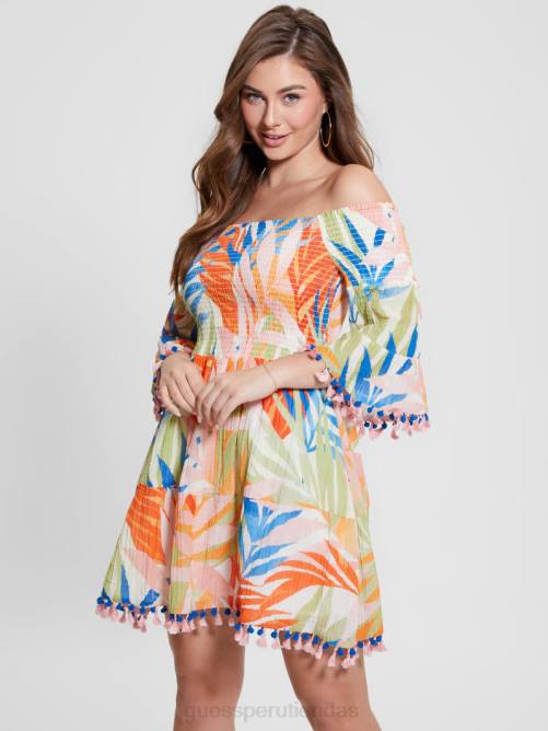 GUESS vestido de sol eco charlotte con hombros descubiertos mujer 0P8X342 impresión de la habana vestir
