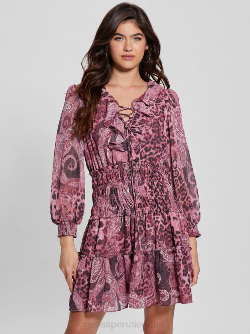 GUESS vestido eco lucy acampanado con cordones mujer 0P8X327 estampado de cachemira morado vestir