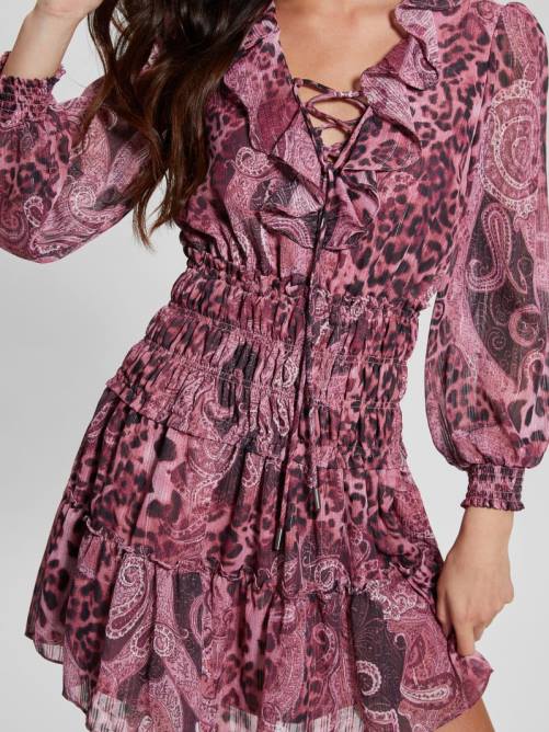 GUESS vestido eco lucy acampanado con cordones mujer 0P8X327 estampado de cachemira morado vestir