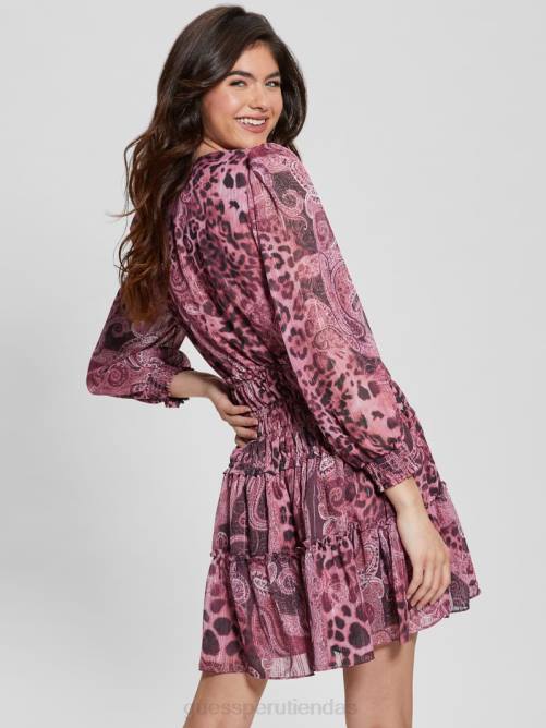 GUESS vestido eco lucy acampanado con cordones mujer 0P8X327 estampado de cachemira morado vestir