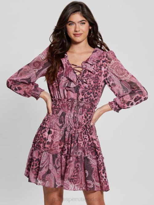 GUESS vestido eco lucy acampanado con cordones mujer 0P8X327 estampado de cachemira morado vestir