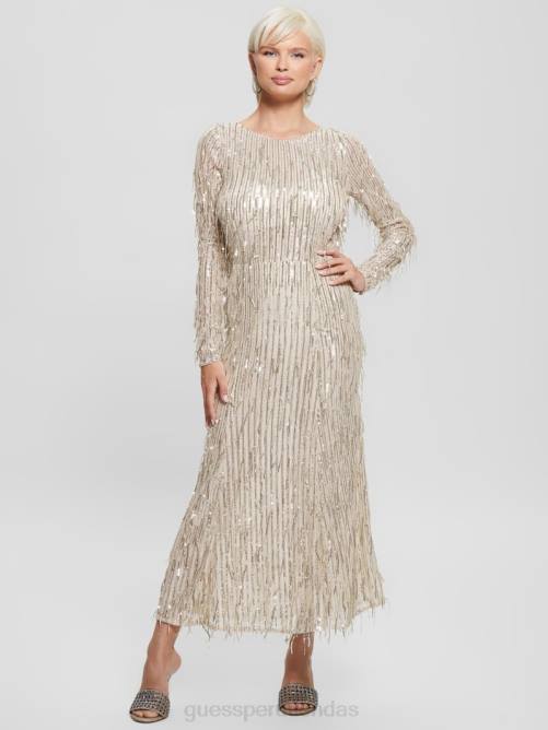 GUESS vestido elodie con flecos de lentejuelas mujer 0P8X737 blanquecino multicolor vestir