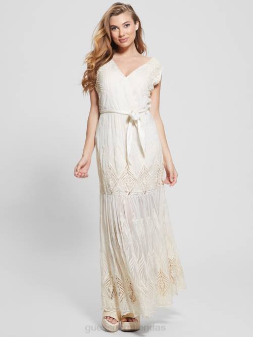 GUESS vestido largo bordado pam mujer 0P8X572 blanco crema vestir