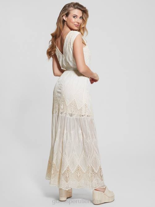 GUESS vestido largo bordado pam mujer 0P8X572 blanco crema vestir