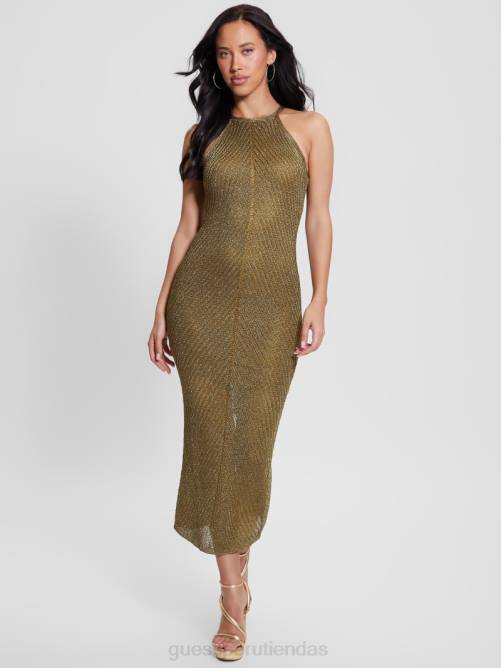 GUESS vestido largo con cuello halter de lúrex alexie mujer 0P8X370 oro negro múltiple vestir