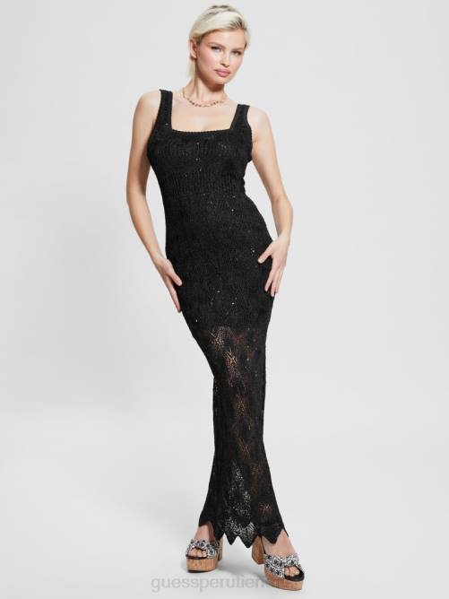GUESS vestido largo de crochet de liza mujer 0P8X419 negro azabache multicolor vestir