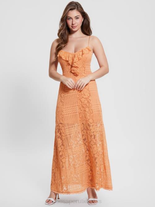 GUESS vestido largo de encaje kellie mujer 0P8X386 durazno dulce vestir