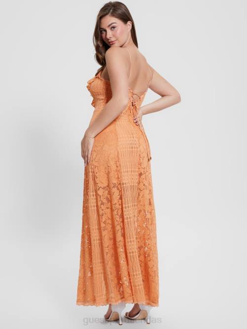 GUESS vestido largo de encaje kellie mujer 0P8X386 durazno dulce vestir