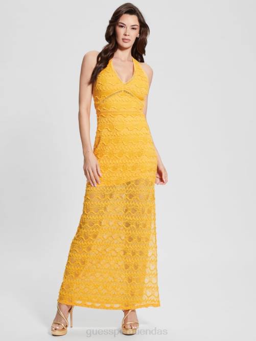 GUESS vestido largo de encaje liza mujer 0P8X482 laguna amarilla vestir