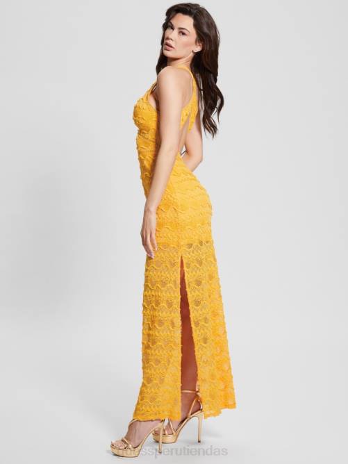 GUESS vestido largo de encaje liza mujer 0P8X482 laguna amarilla vestir