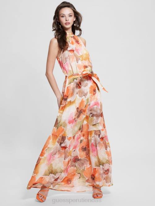 GUESS vestido largo katia con cuello halter mujer 0P8X514 estampado de flores de acuarela vestir