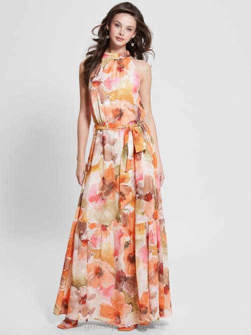 GUESS vestido largo katia con cuello halter mujer 0P8X514 estampado de flores de acuarela vestir