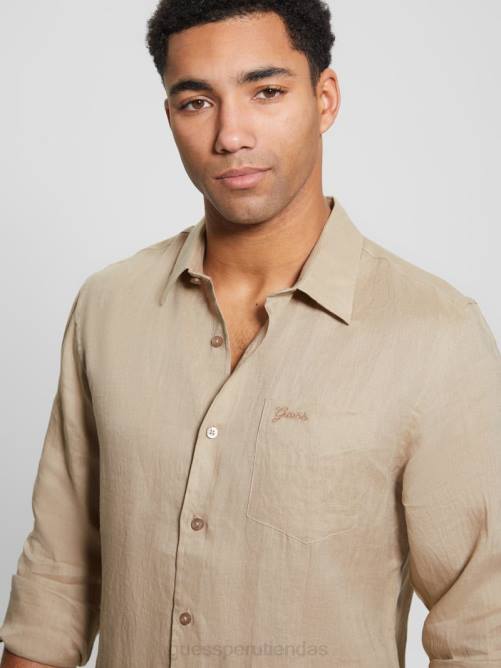 GUESS camisa de lino eco isla hombres 0P8X3958 siena natural vestir