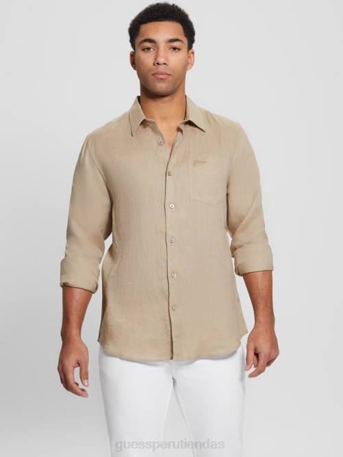 GUESS camisa de lino eco isla hombres 0P8X3958 siena natural vestir