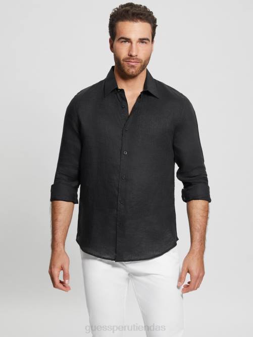 GUESS camisa de lino eco isla hombres 0P8X3982 negro vestir