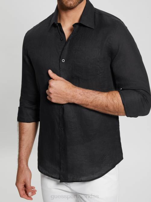 GUESS camisa de lino eco isla hombres 0P8X3982 negro vestir