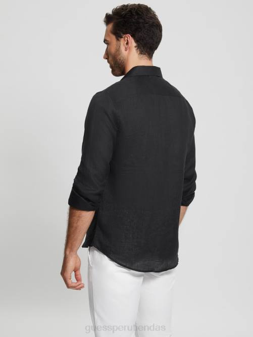 GUESS camisa de lino eco isla hombres 0P8X3982 negro vestir