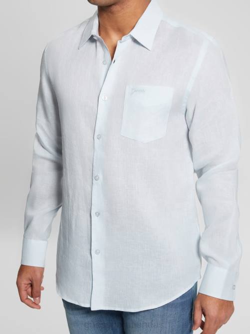 GUESS camisa de lino eco isla hombres 0P8X3990 azul polar vestir