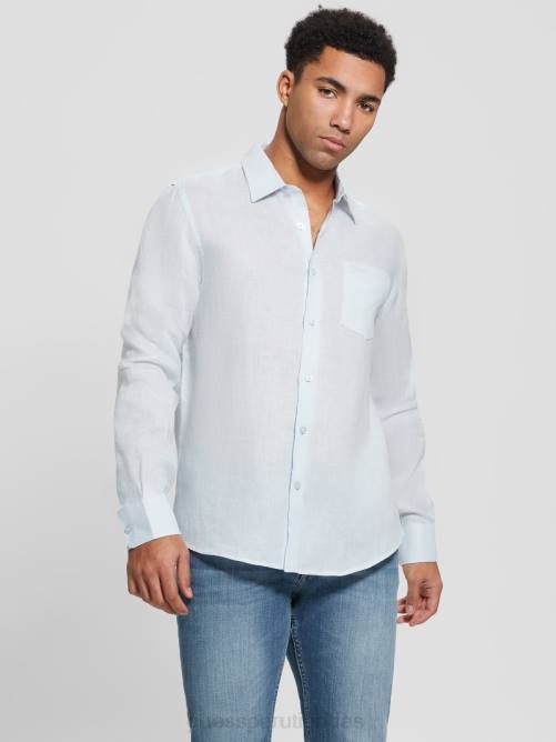 GUESS camisa de lino eco isla hombres 0P8X3990 azul polar vestir