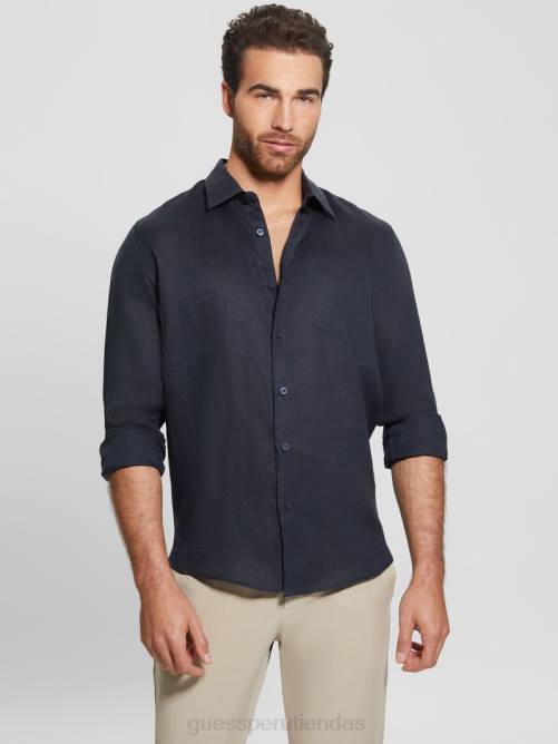GUESS camisa de lino eco isla hombres 0P8X3991 azul elegante vestir