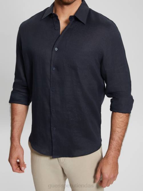 GUESS camisa de lino eco isla hombres 0P8X3991 azul elegante vestir