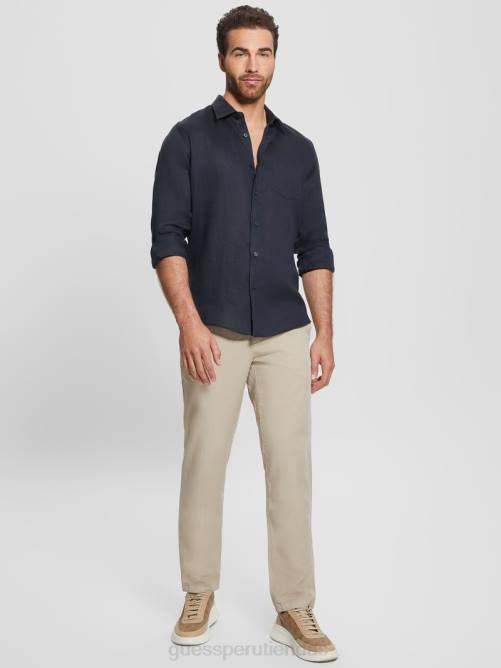 GUESS camisa de lino eco isla hombres 0P8X3991 azul elegante vestir