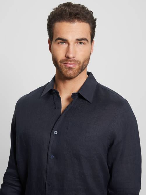 GUESS camisa de lino eco isla hombres 0P8X3991 azul elegante vestir