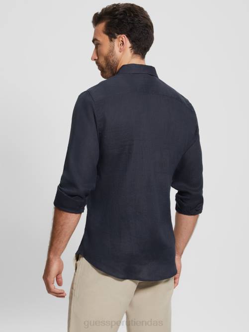 GUESS camisa de lino eco isla hombres 0P8X3991 azul elegante vestir