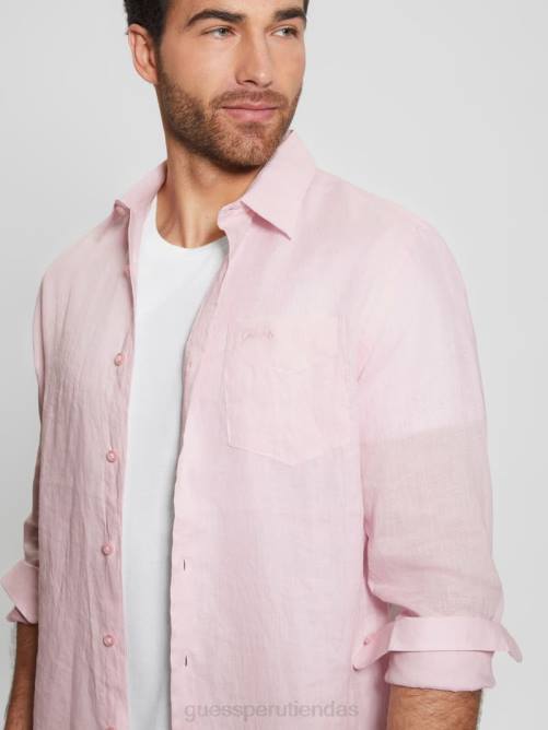 GUESS camisa de lino eco isla hombres 0P8X4045 rosa aireado vestir