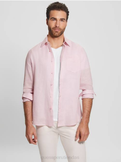 GUESS camisa de lino eco isla hombres 0P8X4045 rosa aireado vestir
