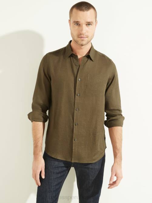 GUESS camisa de lino eco isla hombres 0P8X4114 cantimplora verde vestir
