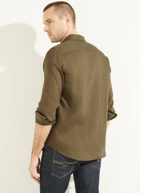 GUESS camisa de lino eco isla hombres 0P8X4114 cantimplora verde vestir